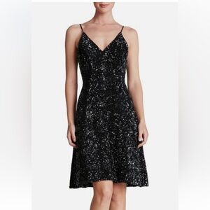 DRESS THE POPULATION 'GEMMA' SEQUIN BLACK/GUNMETAL FIT FLARE DRESS
